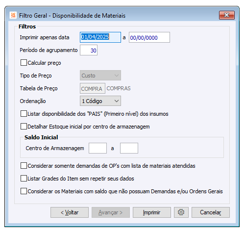Filtro Geral - Disponibilidade de Material