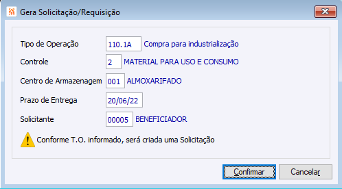 Pedido Botão Gerar Solicitação
