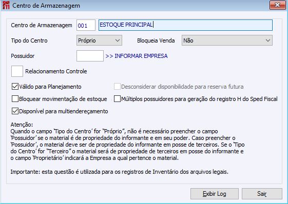 Cadastro de Centro de Armazenagem Principal para o ME