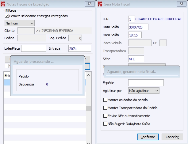 Gerar NF de expedição Gerando