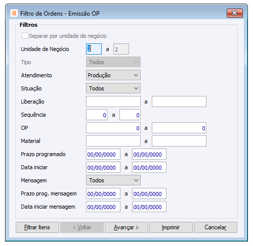 Filtro de Ordens Emissão OP