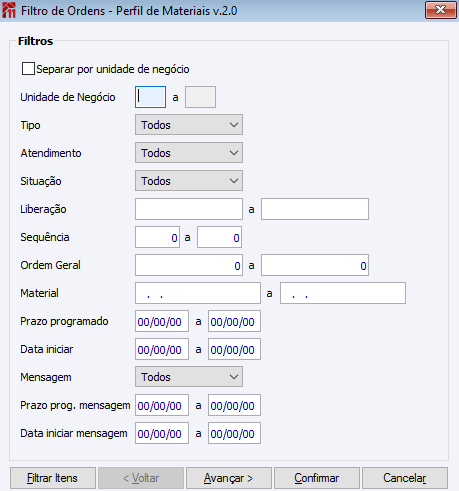 Filtro de Ordens - Perfil de Materiais v2.0