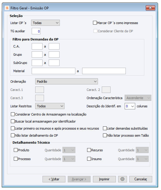 Filtro Geral - Emissão OP