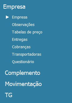 Cadastro Empresas - Menu Lateral