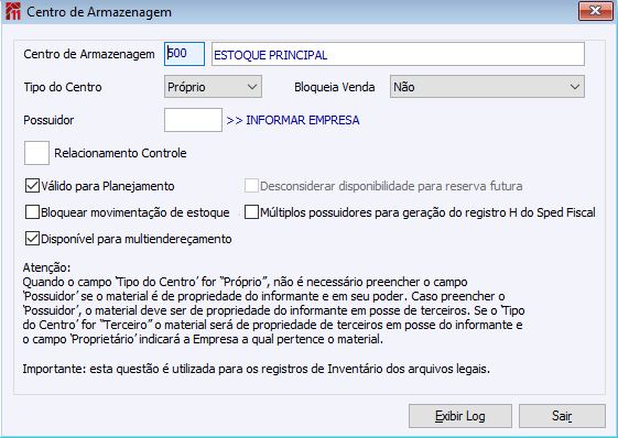 Cadastro de Centro de Armazenagem Entrega para o ME