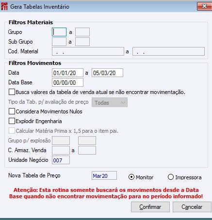 Tabelas de Preço