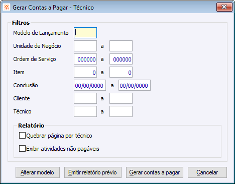 Gerar contas a pagar - Técnicos