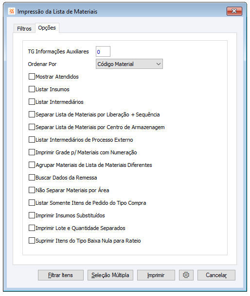 Filtro Geral - Impressão da Lista de Materiais