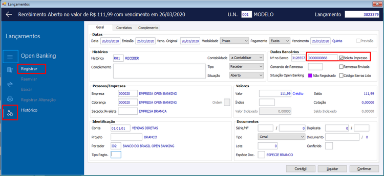 Registro Boleto Open Banking