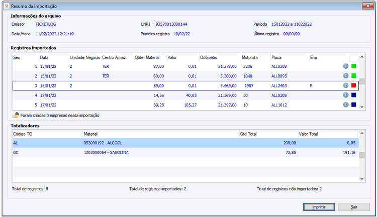 Resumo da Importação movimentos Internos e Externos Ticket Log