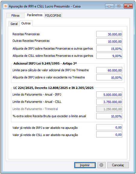 Apuração IRPJ e CSLL Lucro Presumido