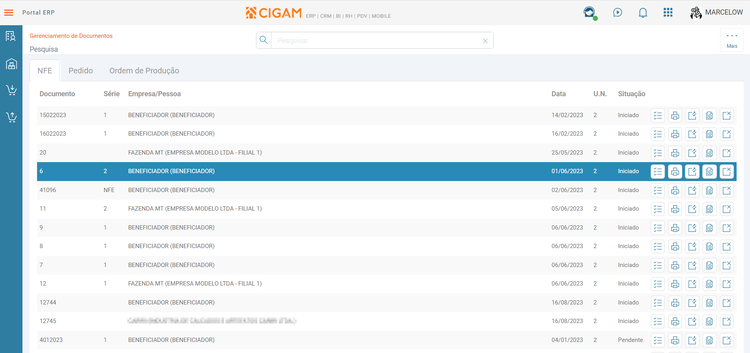 Menu ME Gerenciamento de Documentos NFE