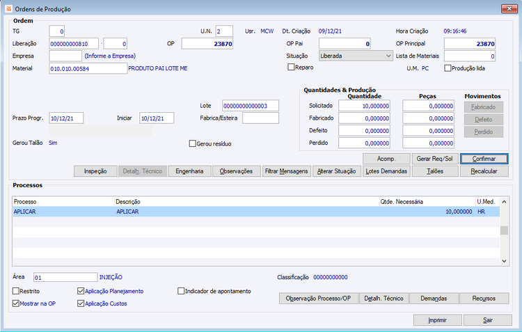 Menu ME Gerenciamento de Documentos Ordem de Produção