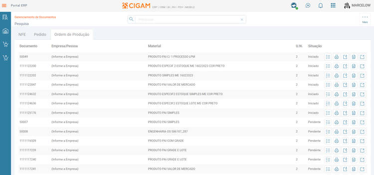 Menu ME Gerenciamento de Documentos Ordens de Produção