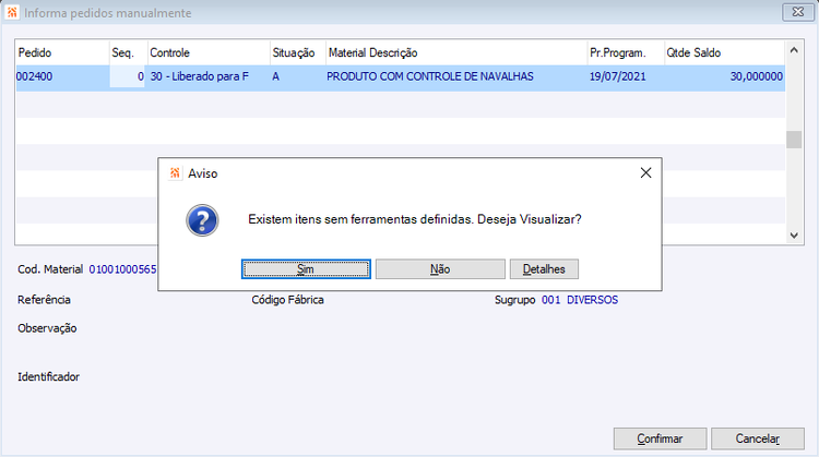 Mensagem Item sem Ferramenta