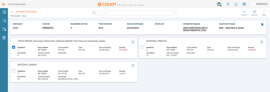Aprovação Itens Solicitação