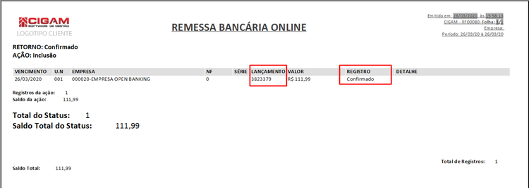 Relatório Remessa Bancária Online