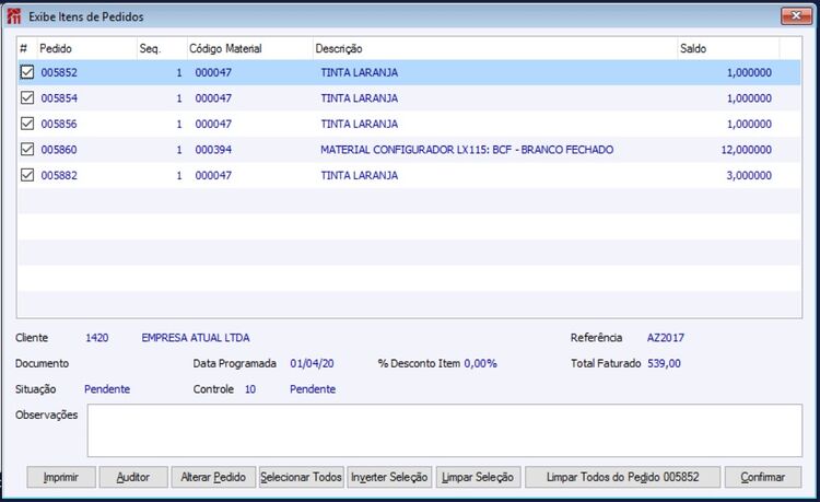 Reprogramar Itens de Pedido Itens