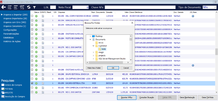 Exportar XML - selecionando local para salvar arquivo