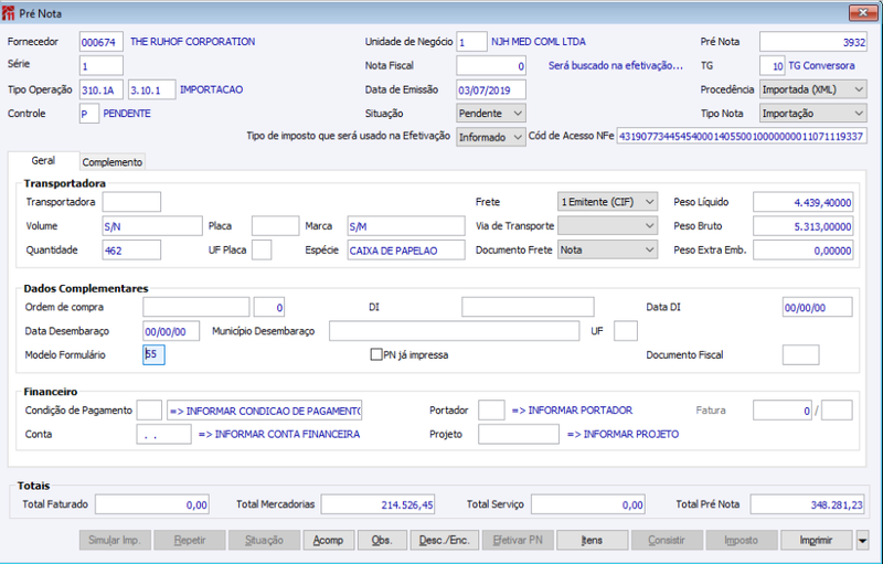 Pré-nota gerada a partir de XML de Importação