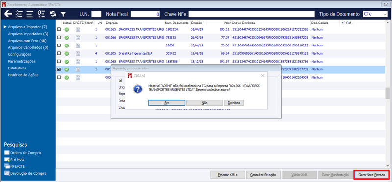 Importando XML CTe para Nota de Entrada