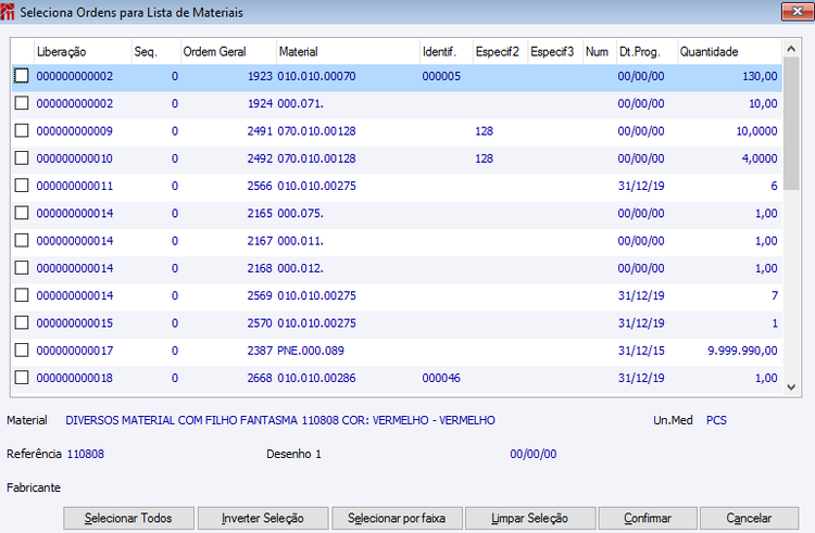 Seleciona Ordens para Lista de Materiais