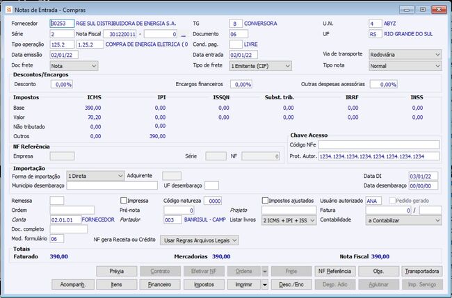 Nota de Energia Elétrica Modelo 06