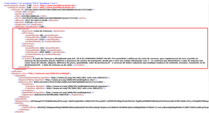 Arquivo:XML Carta de Correção CTe 2.png